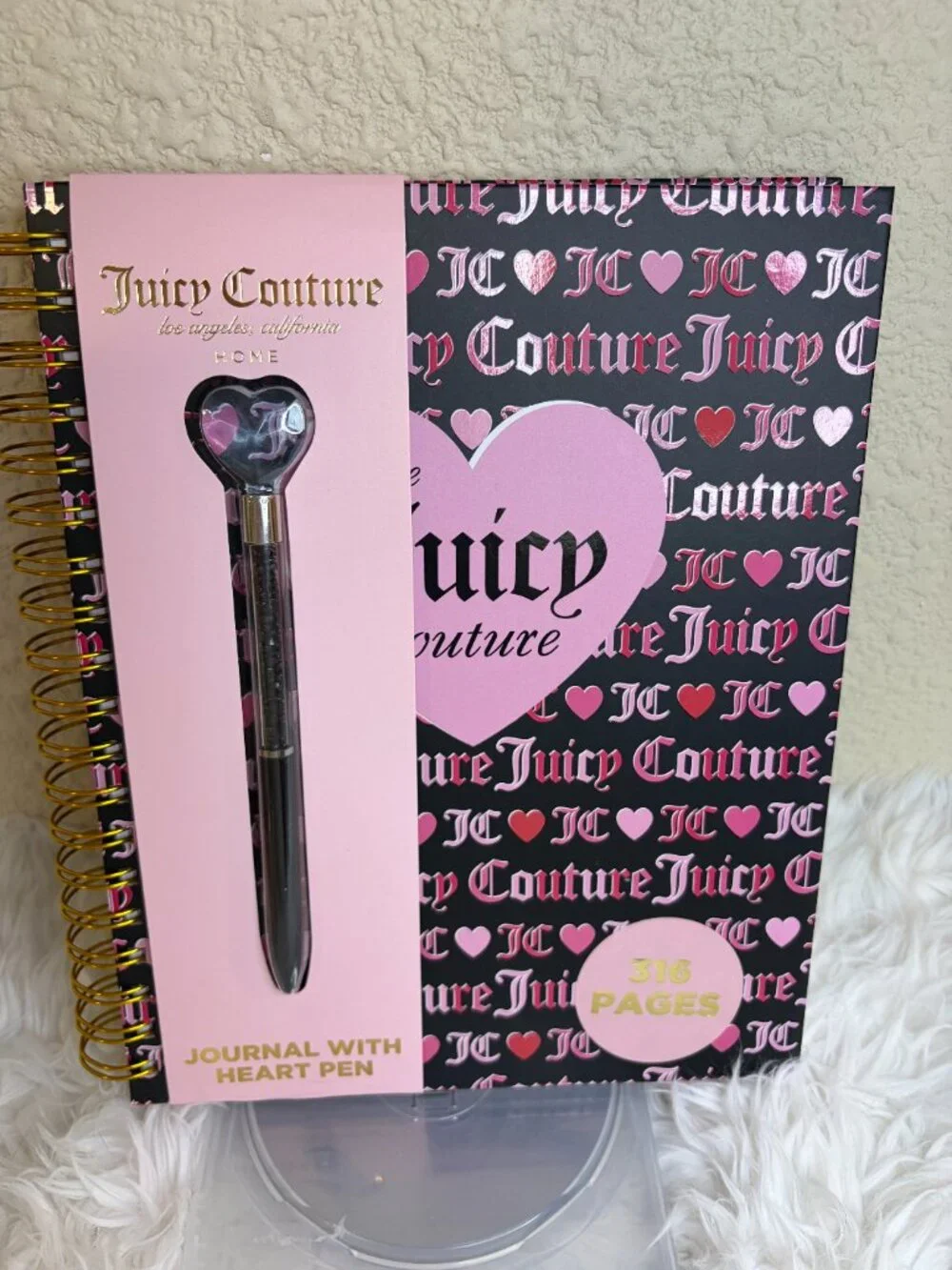 Juicy Couture Large Pink Black Heart Spiral Journal 316 Pages Pen NWT
